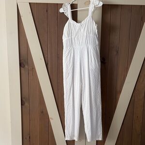 White ladies One Piece Jumpsuit in eyelet, smocked back for multi size fit